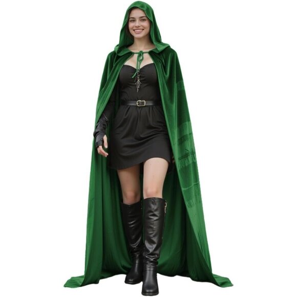 Accessories - Green Witch Velvet Hooded Cloak Halloween Cape Queen King Renaissance Medieval